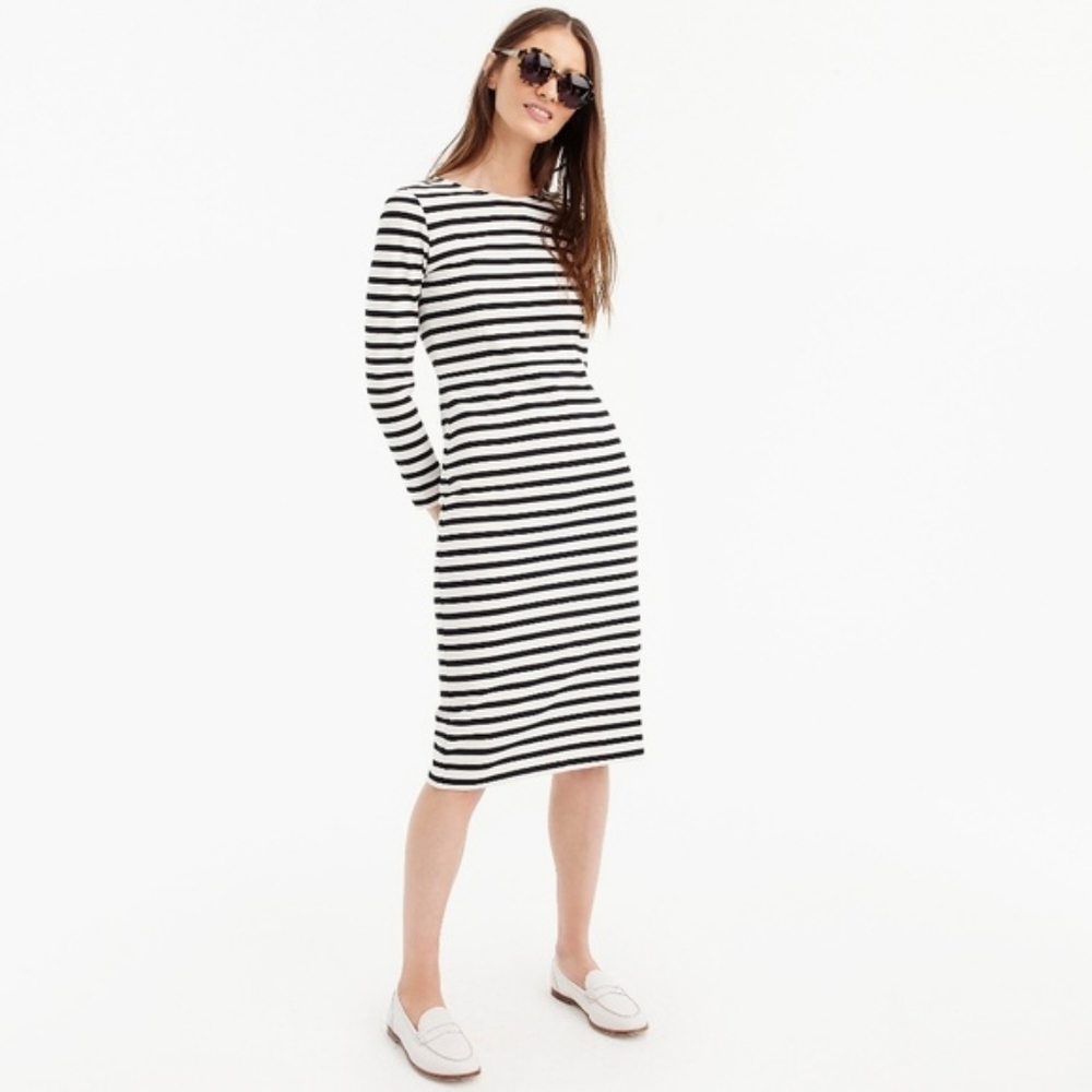 EUC J CREW BLACK & CREAM STRIPE COTTON KNIT CREW NECK LONG SLEEVE SHEATH DRESS